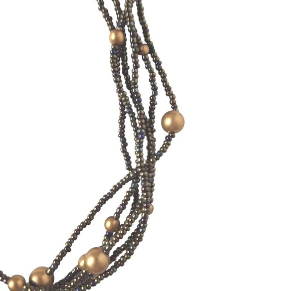 Vintage Multistrand Brown Seed Beads Copper Choker Necklace - Picture 4 of 6